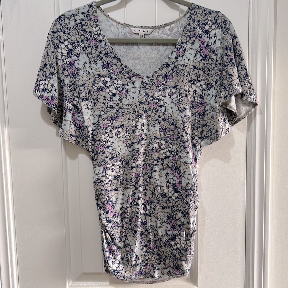 Cabi Floral Cap billowy short sleeves V-neck multicolored fitted t shirt
